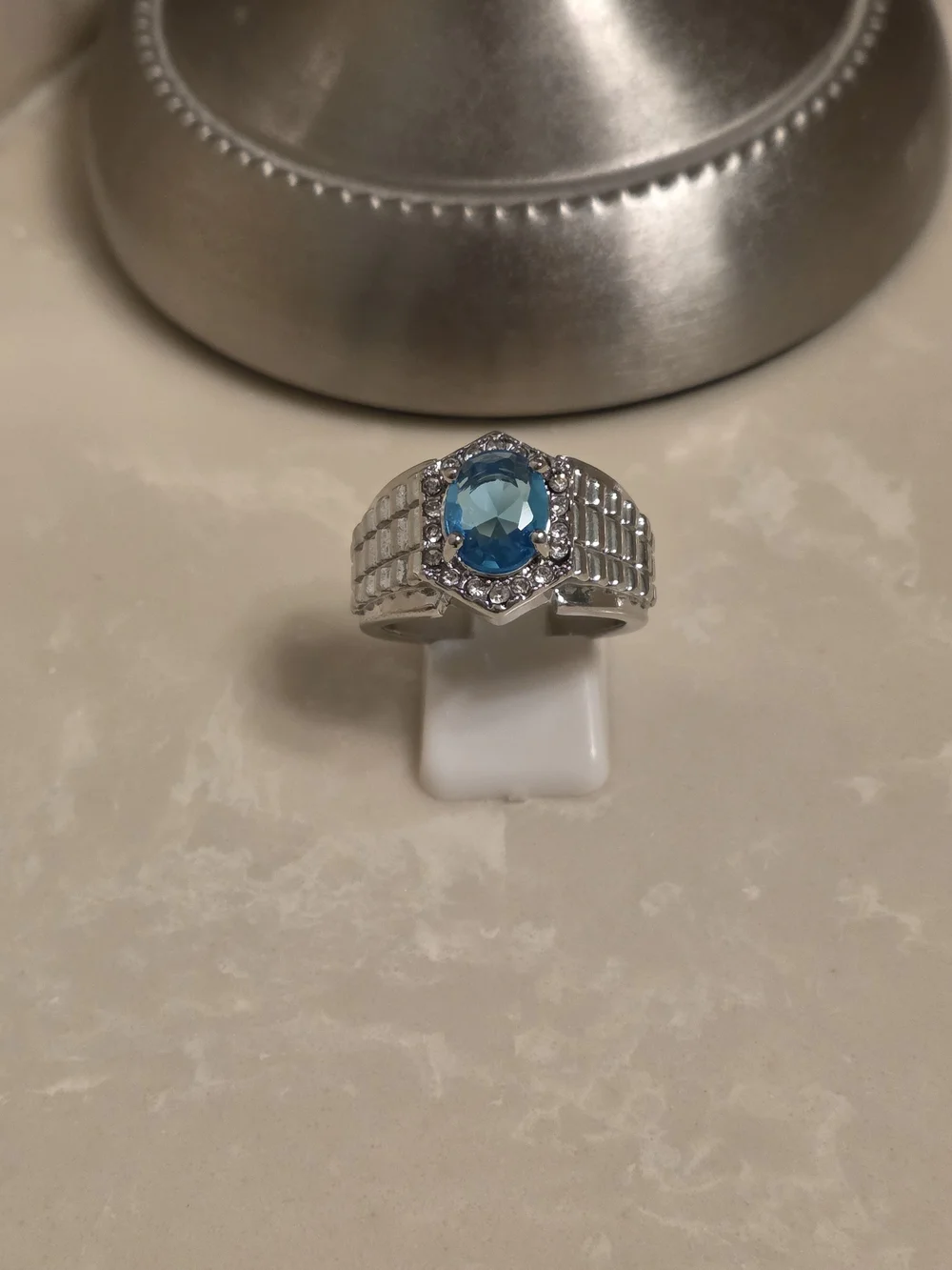 Men's Silver CZ and Aquamarine Statement Ring Size 10